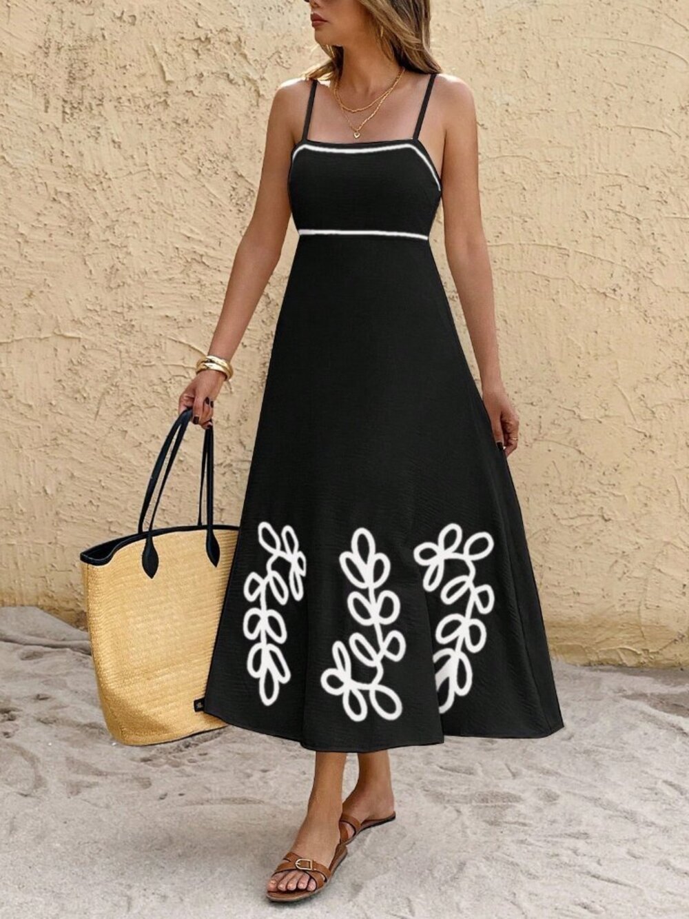 Black Elegant Women's Contrast Print midi Dress - Picture 5 of 7